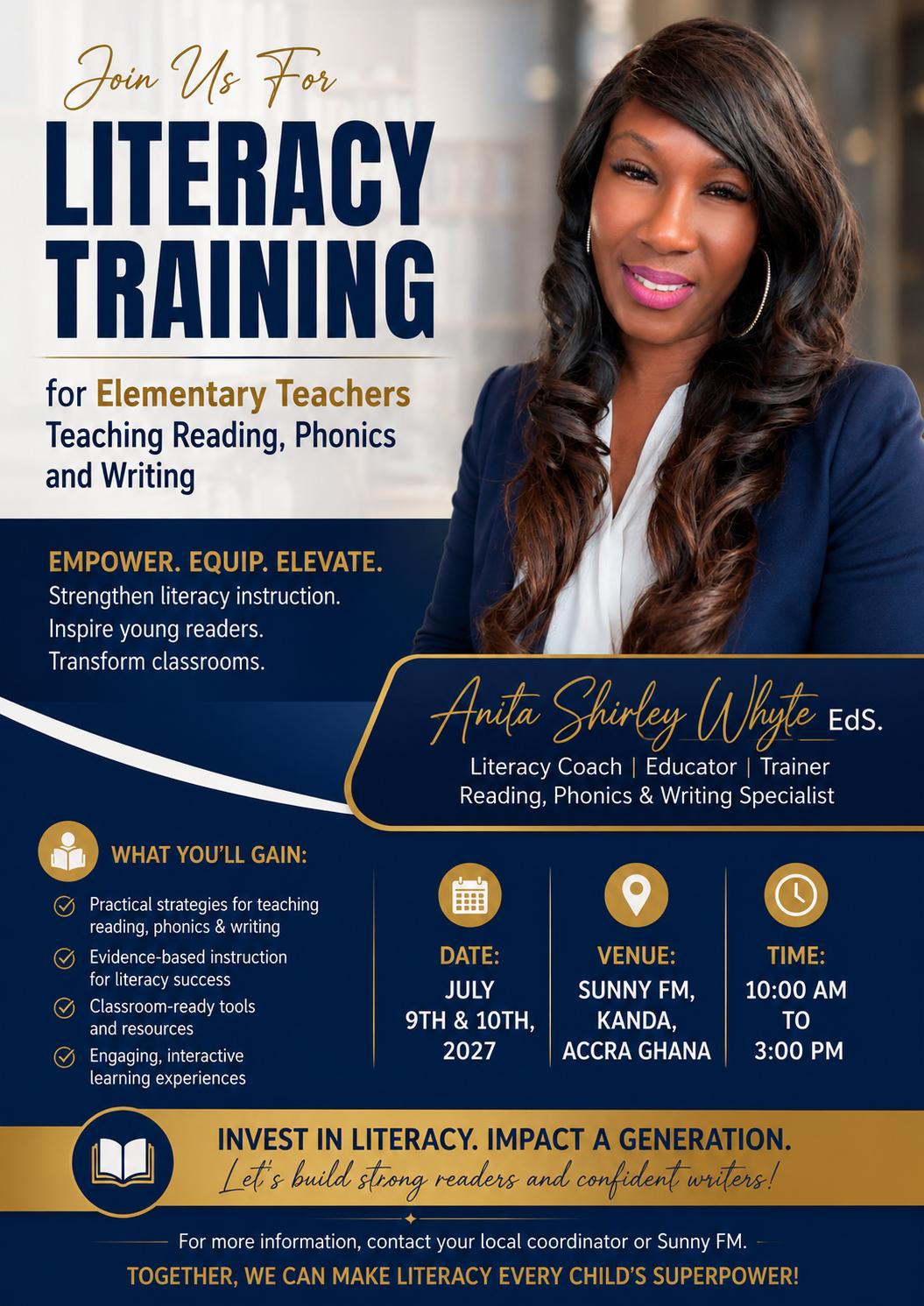 Literacy Training — July 9 & 10, 2027 · Sunny FM Kanda Accra · GH₵ 1,200 · thewhyteacademy.com
