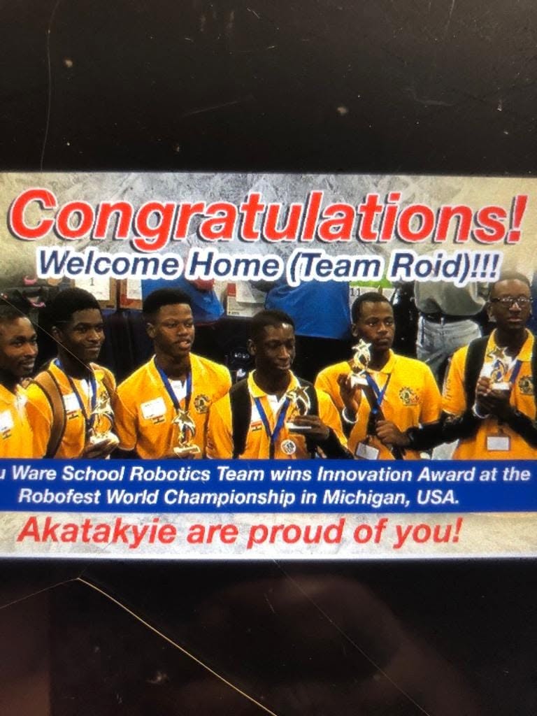 Ghana Robotics Academy Foundation's Team Roid from Opoku Ware School after winning the 2018 Robofest Senior Game Innovation Award in Southfield, Michigan
